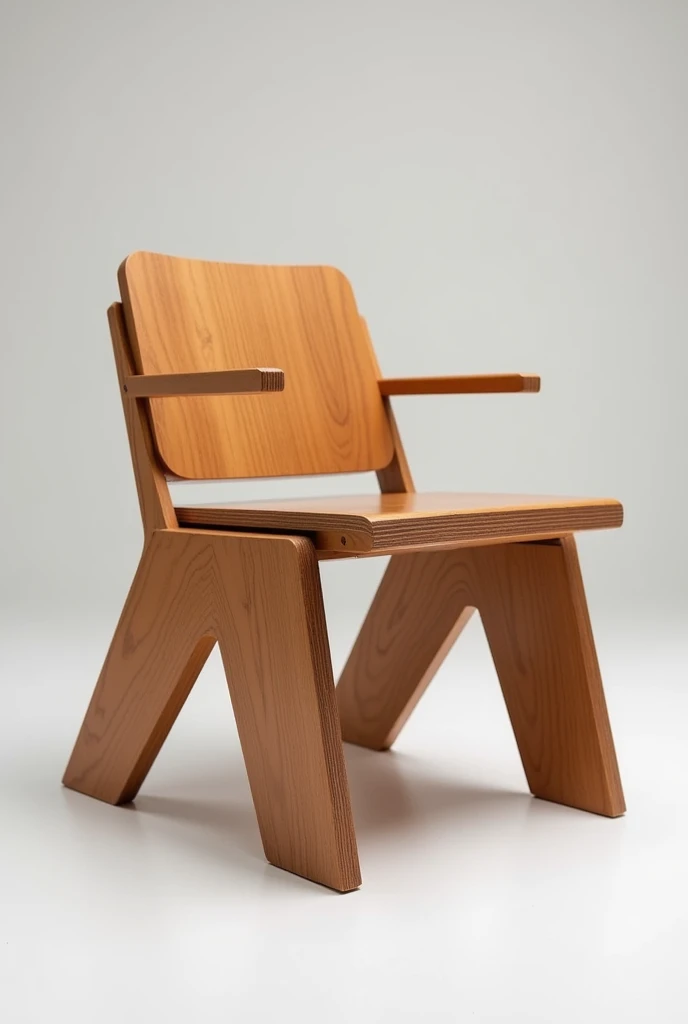 The chair will be made of brown pine wood., ideal for interiors, with a comfortable and ergonomic design. The rear legs will have a greater angle for more stability., and the front ones will maintain a lower inclination. The backrest will be high for better back support., This chair will have armrests. The structure will be reinforced to support weight, and its height will be suitable for raised tables. This chair has to look innovative, it is made from rectangular assemblies.