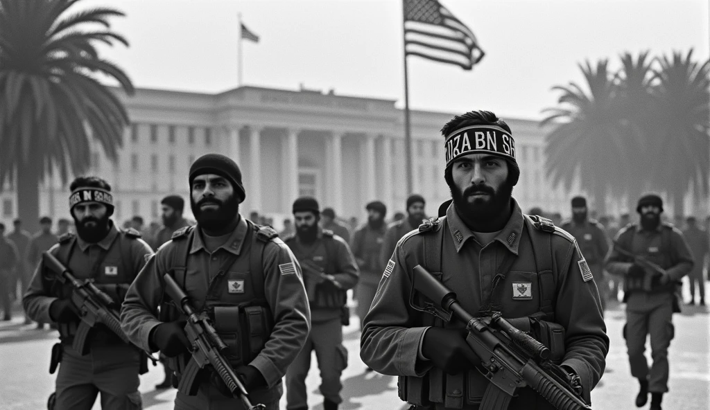 An old photograph depicting the moment Iranian revolutionary guards entered the U.S. Embassy in Tehran during the hostage crisis. The guards, wearing military fatigues and headbands with revolutionary slogans, are captured forcefully entering the embassy grounds. The building is detailed with the American flag being lowered in the background. The grainy, slightly faded image reflects the tension and gravity of the event, captured with the cameras of the time.