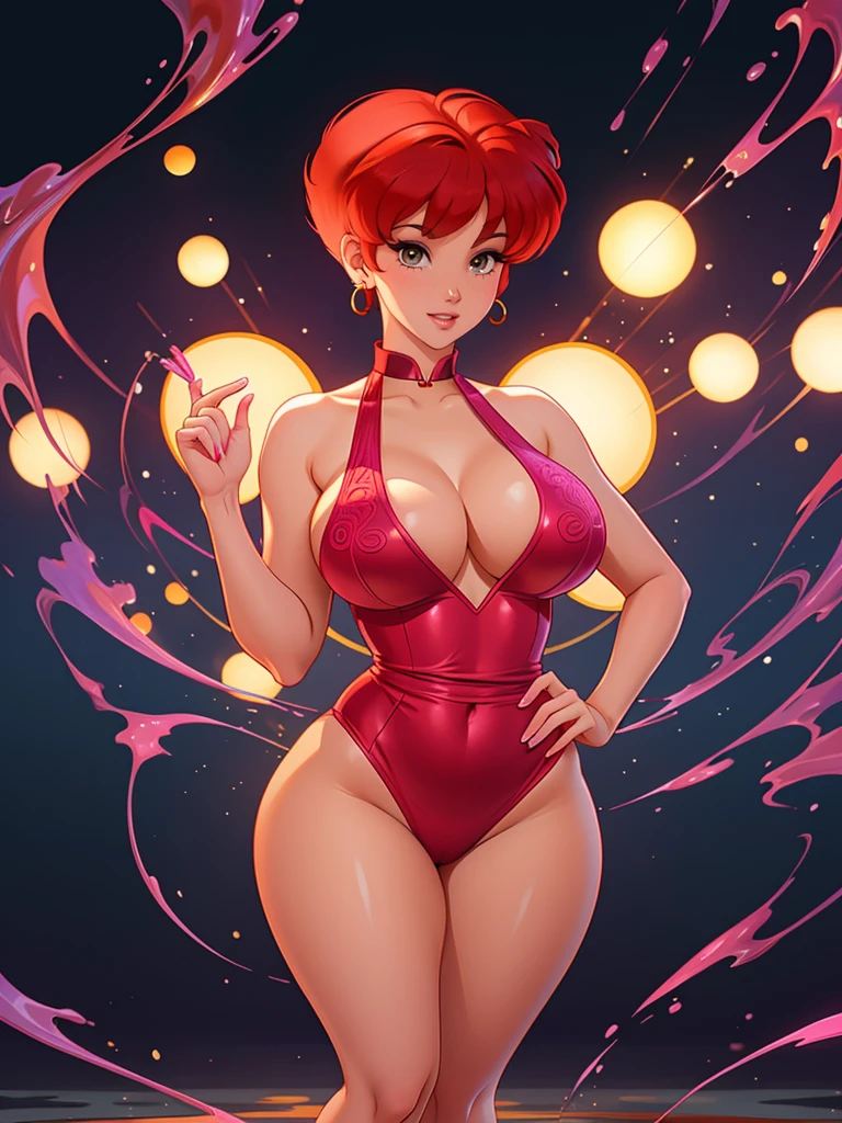 a full body portrait of a official art ((Ranma)) Redhead(curvy-atlhetic) nude posing for a picture, busty, intricate wet, pink body, smooth skin, milky breasts, huge cleavage, seductively looking in front, huge breasts, best quality, beautiful details, intricate detailed, perfect composition, amazing sexy, slluty look, perfect face detail, perfect shape, slim thick