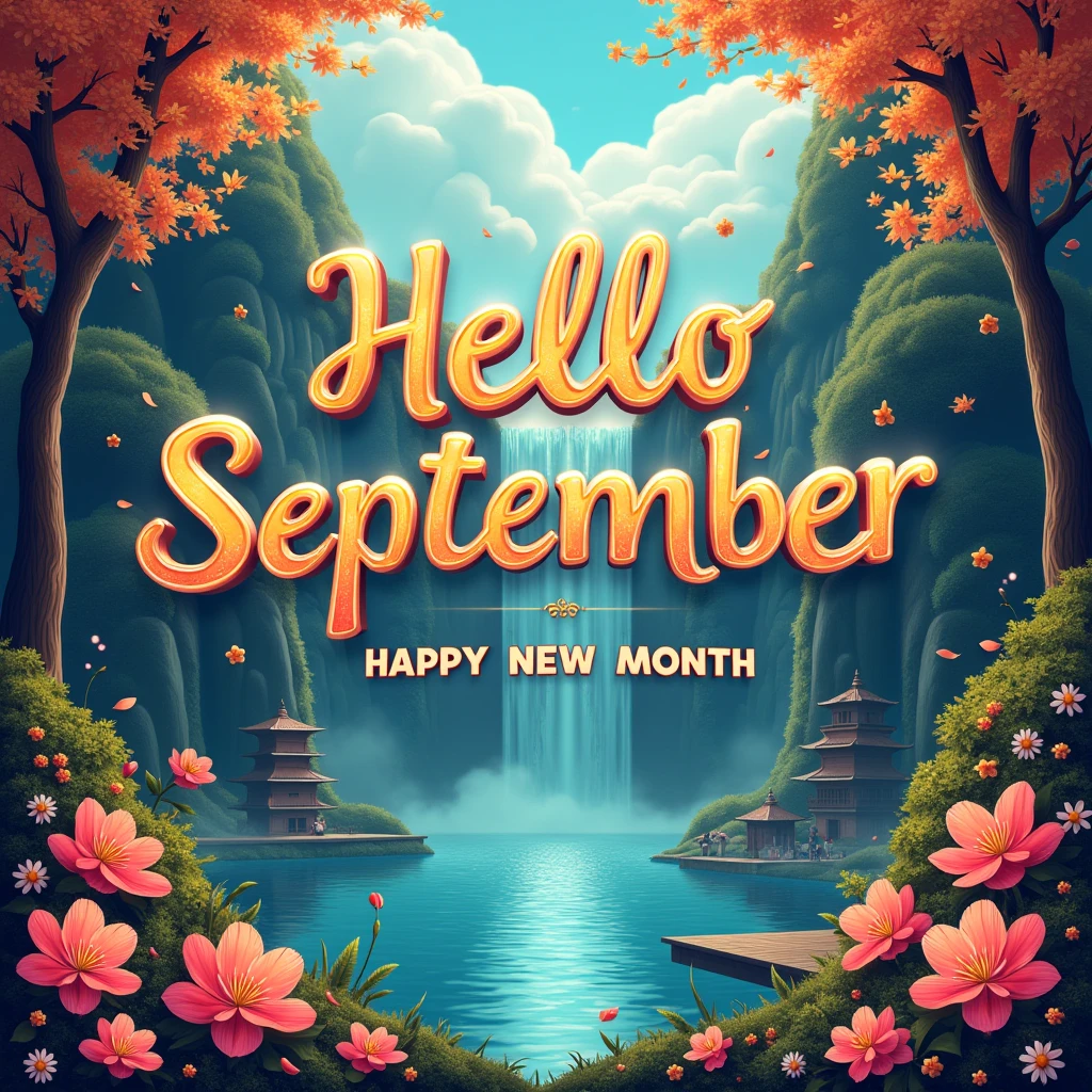 design of a happy New month, hyper realistic design, use use amazing and beautiful for both fonts and background, add relevant interesting images and icons, beautiful. write on it "hello September happy new month"