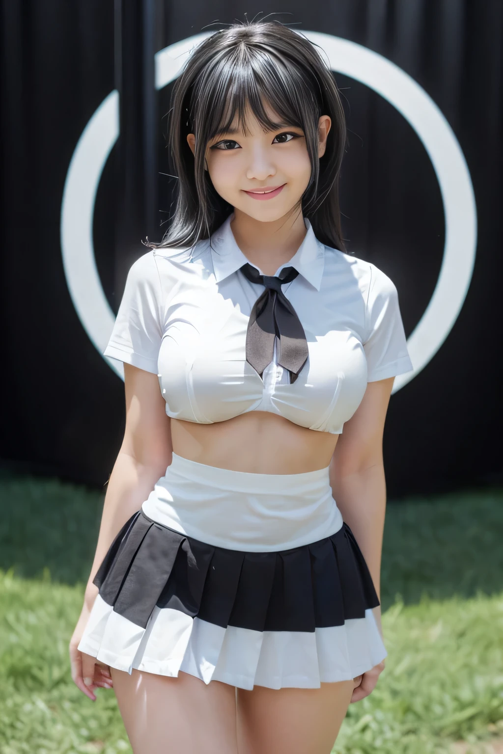 (8K, Raw Photo, Best Quality, Masterpiece: 1.2), (Black Hair, Black Eyes: 1.9), Looking at the Audience, Front View, Schoolgirl, Thighs, Toned Calves, (Tight Waist: 1.3), (Schoolgirl Uniform, white Short Sleeve Shirt, Ribbon, Navy Blue Pleated Skirt: 1.0), (Big Breasts: 1.3), Slim Figure, Ultra High Resolution, Beautiful, Beautiful Stool, Alone, Full Body, Japanese Female, (Realistic: 1.37), Photon Mapping, Realistic, (Baby Face and Cute: 1.1), (Cute Smile: 1.3), (Round Face: 1.3), Radiosity, Physically Based Rendering, Depth of Field Rally Background, Photo, (: 1.8), (: 1.6), Full Body, Great Quality