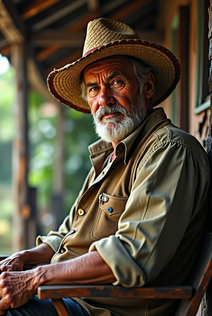 A middle-aged country gentleman with a straw hat sitting in a chair, gazing at viewer, close-up, アニメ, アニメ style, motion blur, Action painting, Pop art, sideways, cinematic lighting, Hyperrealism, uhd, high details, super detail, anatomically correct, accurate