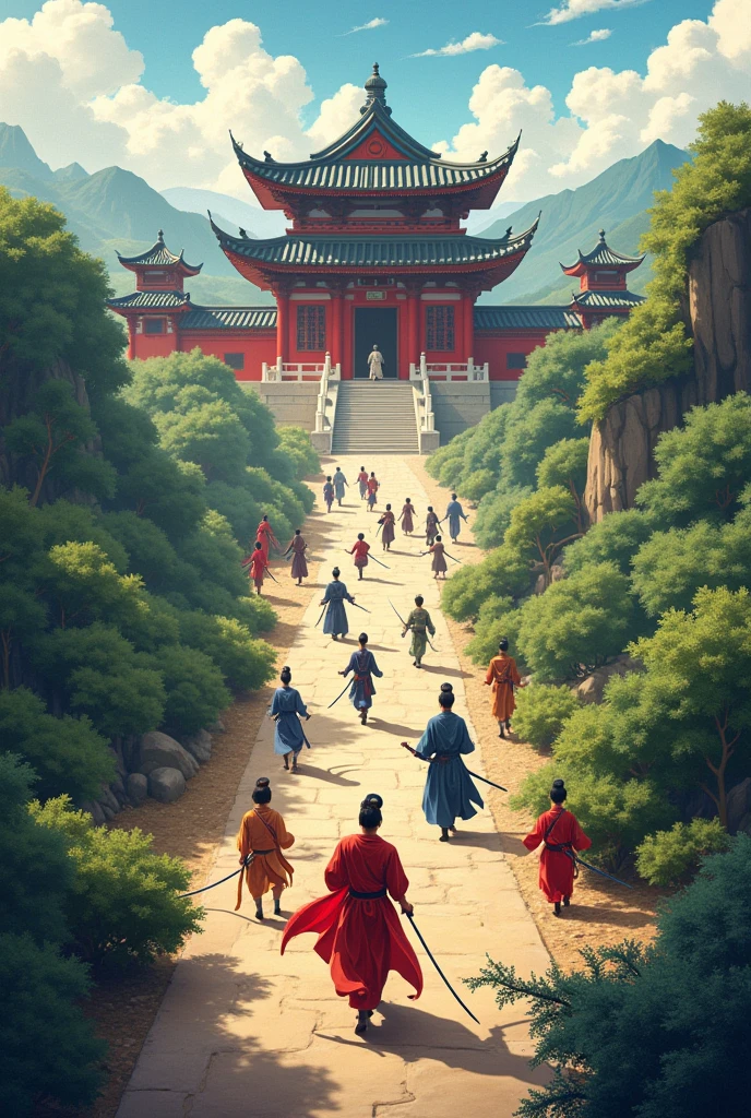 Fantasy world, ancient China, many people are heading towards the martial arts school, some walking, some slashing with swords.