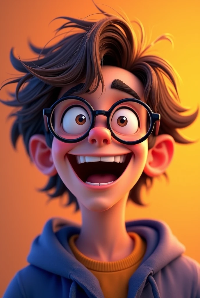 image for twich boy medium long wavy hair facing forward, with round black glasses,laughing animatedly