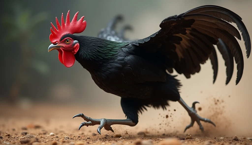 An image depicting a properly decrested fighting cock with jet black feathers, intense eyes and sharp beak, lunges forward in a ferocious attack. His muscles are tense and his wings are spread out., creating a sense of movement and power. No crest no crest, without crest, without crest, ya que no entiendes que es un gallo without crest intenta que sea un gallo giro