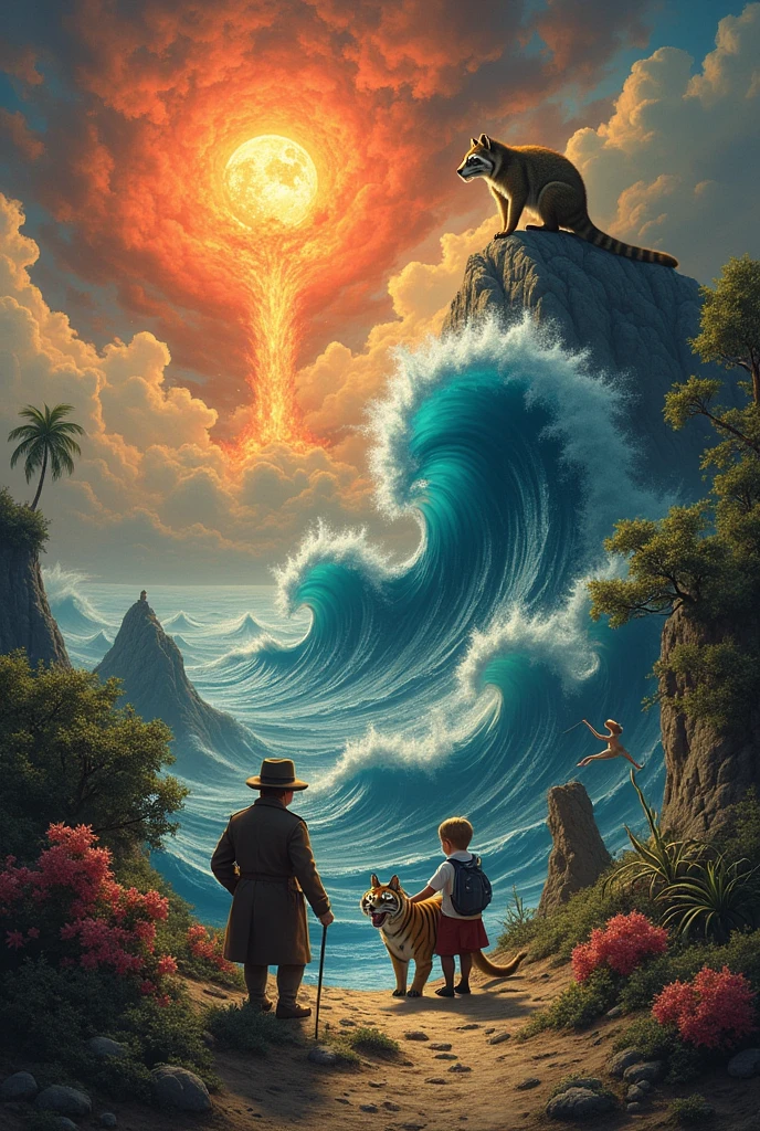 A raccoon on top of a blue mountain with the sun exploding along with the moon causing a tsunami in Japan that the boy's garden caused a zoiudo Felipe riding a Tasmanian devil tiger with all this Sherlock Holmes appeared and killed Manoel Gomes with a staff to the head with the dinosaur riding a unicorn in a school uniform in outer space