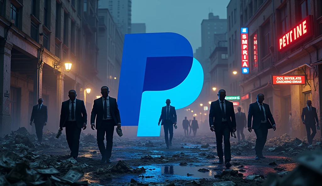 PayPal 3D logo, in a devastated city, at night, with mafia businessmen, money flying, corruption