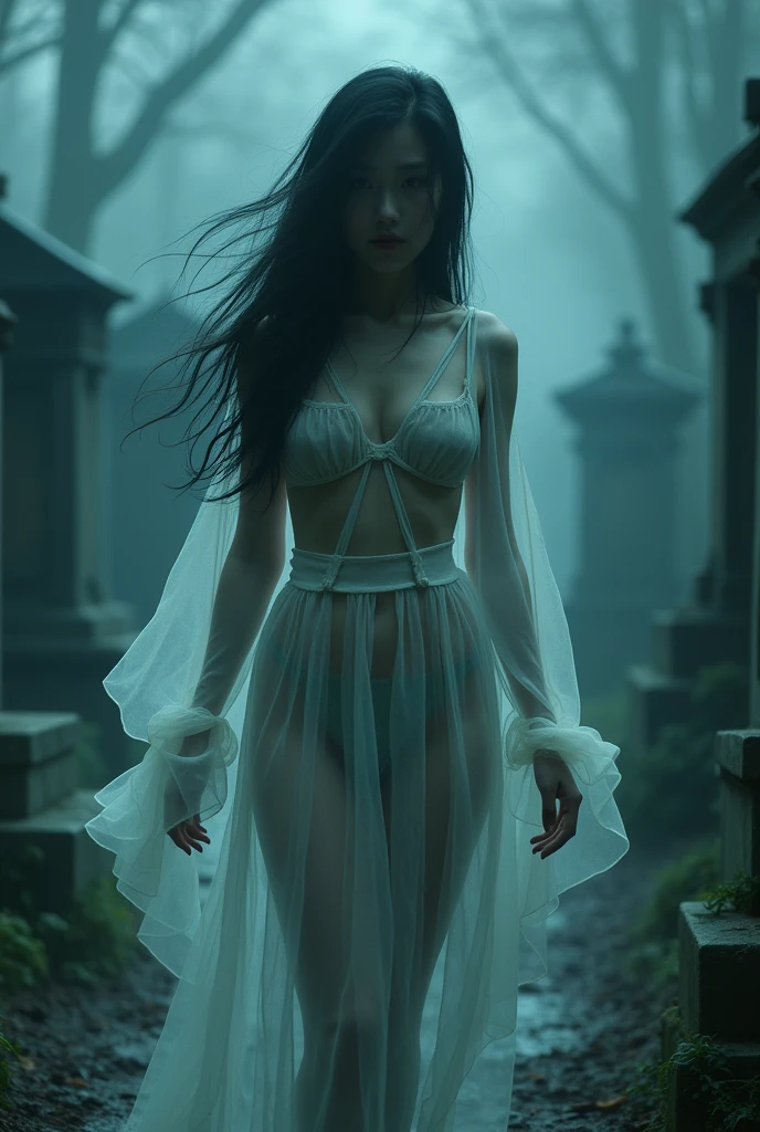 (((ghost)))、young woman、(Beauty)、Japanese、cute、1、((sexy))、(My body is transparent)、Background gloomy cemetery、(((sexy衣装)))、Spirits flying all around、(best quality,4K,8k,highres,masterpiece:1.2),ultra-detailed,(realistic,photorealistic,photo-realistic:1.37),HDR,uhd,studio lighting,ultra-fine painting,sharp focus,physically-based rendering,extreme detail description,professional,vivid colors,bokeh,cinematic lighting,dramatic shadow,