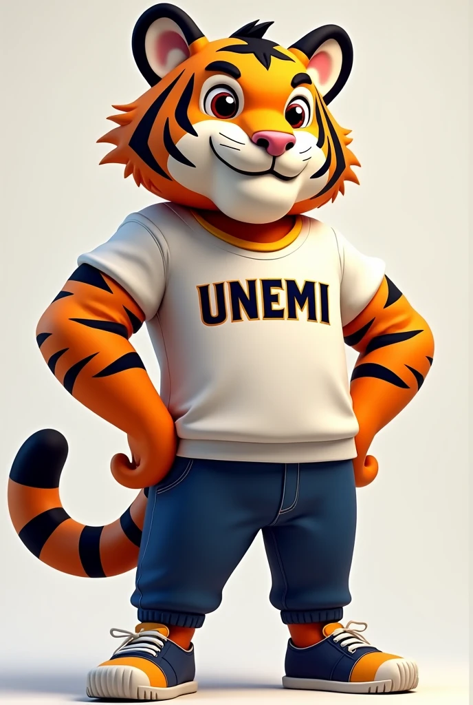 Give me an image of a somewhat cute-looking but tall tiger in orange and black for a university mascot and that wears blue pants, a white sweater that says UNEMI and shoes of the same color tone.