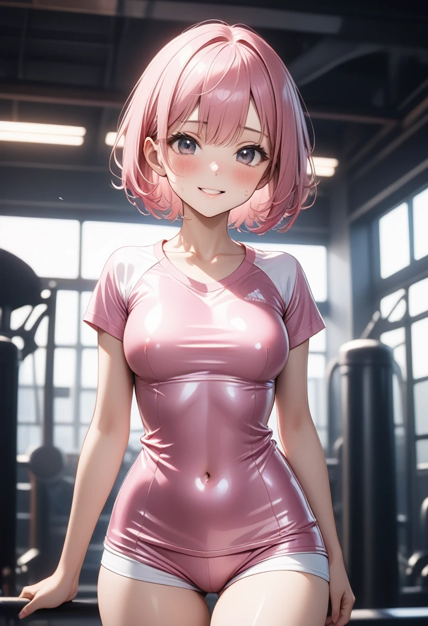 ((School gym clothes)), ((Shiny Costumes)), (skindentation), skinny, alone, solo, Masterpiece, highest quality, highest quality, 16K, incredibly absurd, highly detailed, 2.5D, ai-generated, delicate and dynamic, very delicate facial expressions, delicate eye depiction, erotic, only sexy woman, ((A cute and kind face)), healthy figure, ((1 woman)), 160cm tall, ((medium firm swaying bust)), medium breasts, (short hair), Straight Hair, (pink hair:1.5), bob cut, black eye, blush, Sweat,Embarrassed,sexy, ((thin thighs)), shiny and lustrous, facing straight at viewer, smile, ((standing)), ((arm at side)),, (camel toe:0.4), (visible nipples:0.8), (Erect nipples,:0.9),