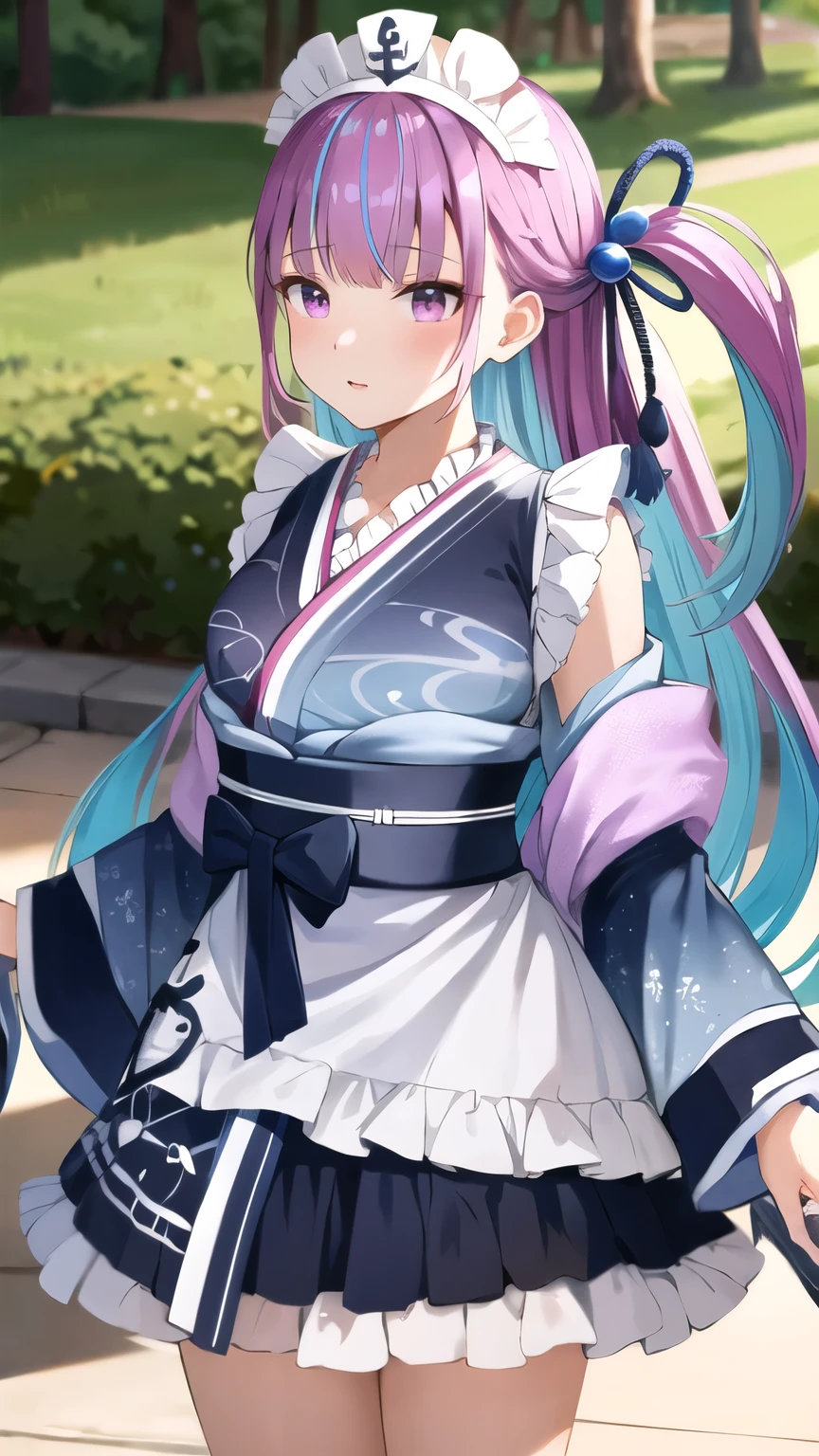 masterpiece, best quality, highres, eeaqua, maid headdress, one side up, long hair, cowboy shot, standing, outdoors,