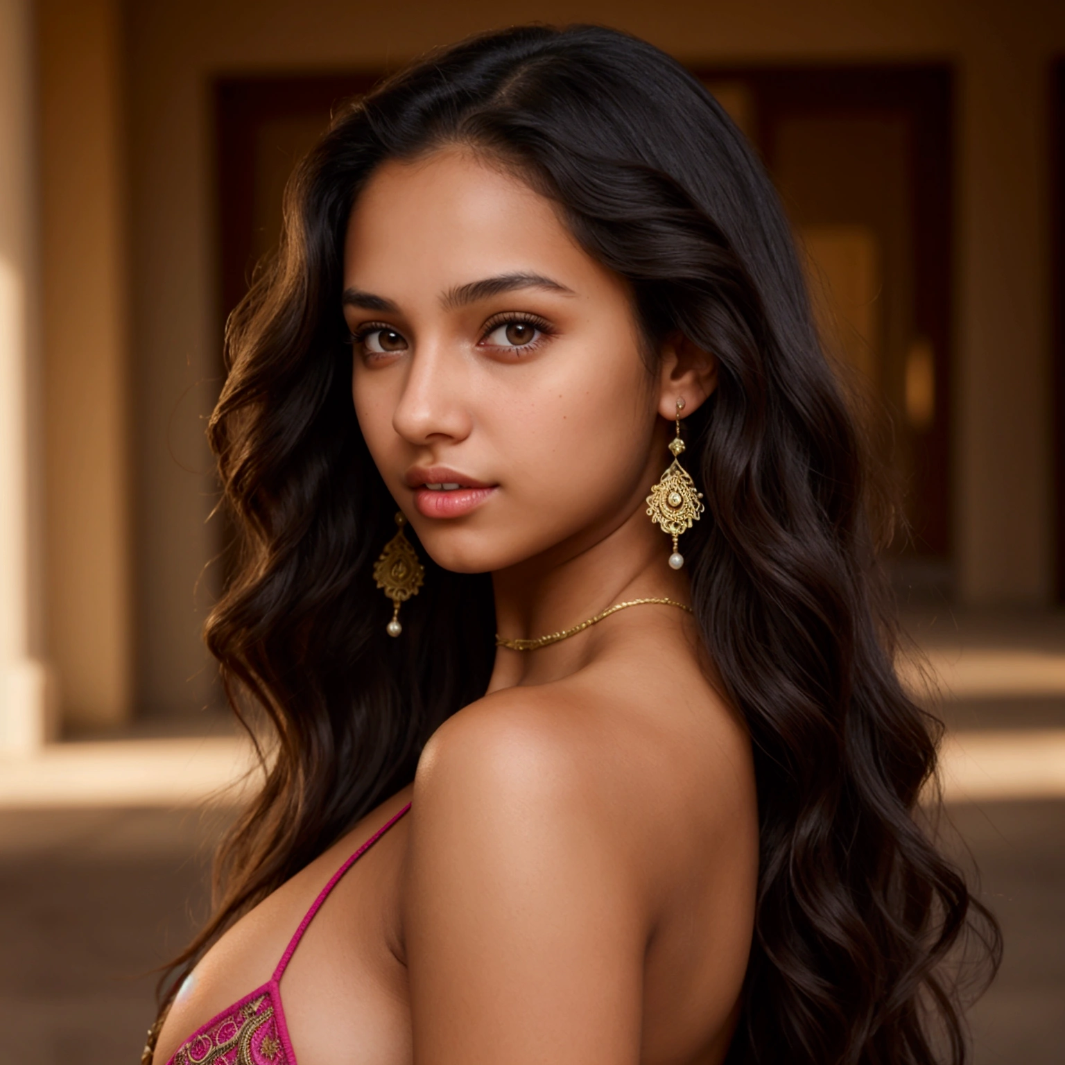 photorealisti, beautiful young girl, 18yo, brown eyes, tanned, very full lips, big natural breasts, sexly, black, long wavy hair, Soft lighting, realisti, bright colors, Latin American, jewellery, fitness