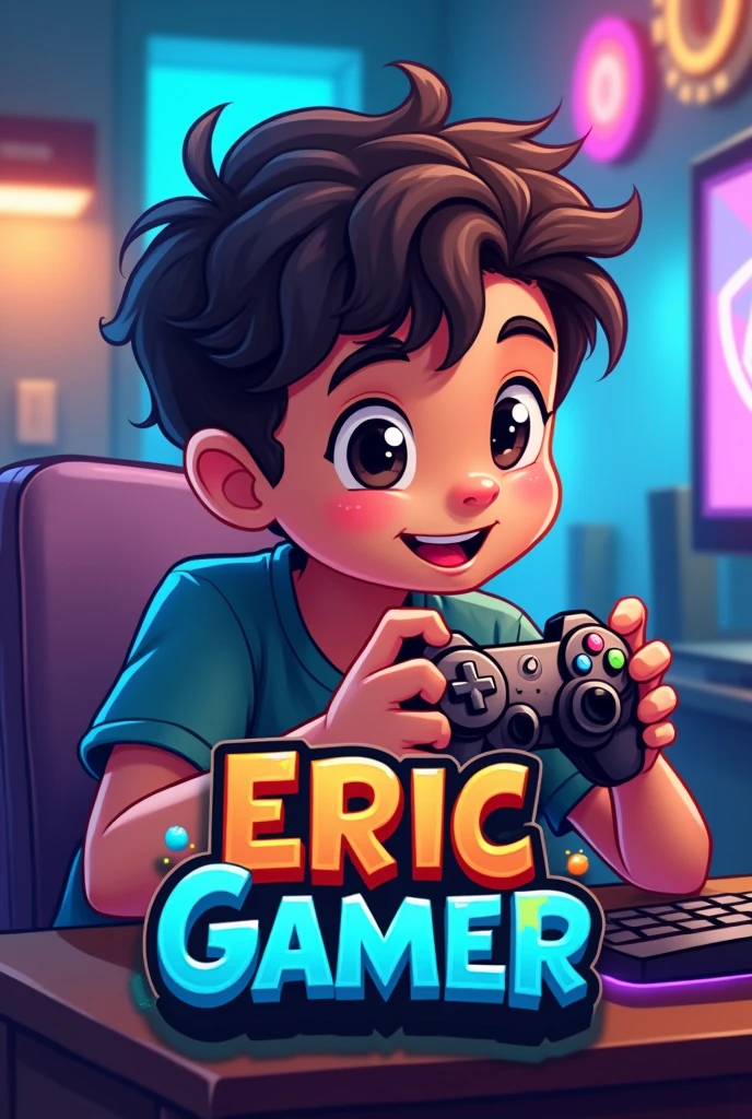 Logo with the name Eric gamer, themed around a boy playing video games, short hair with curly curls, dark brown hair, dark brown eyes