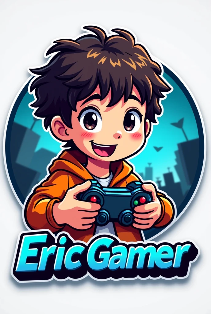 Logo with the name Eric gamer, themed around a boy playing video games, short hair with curly curls, dark brown hair, dark brown eyes