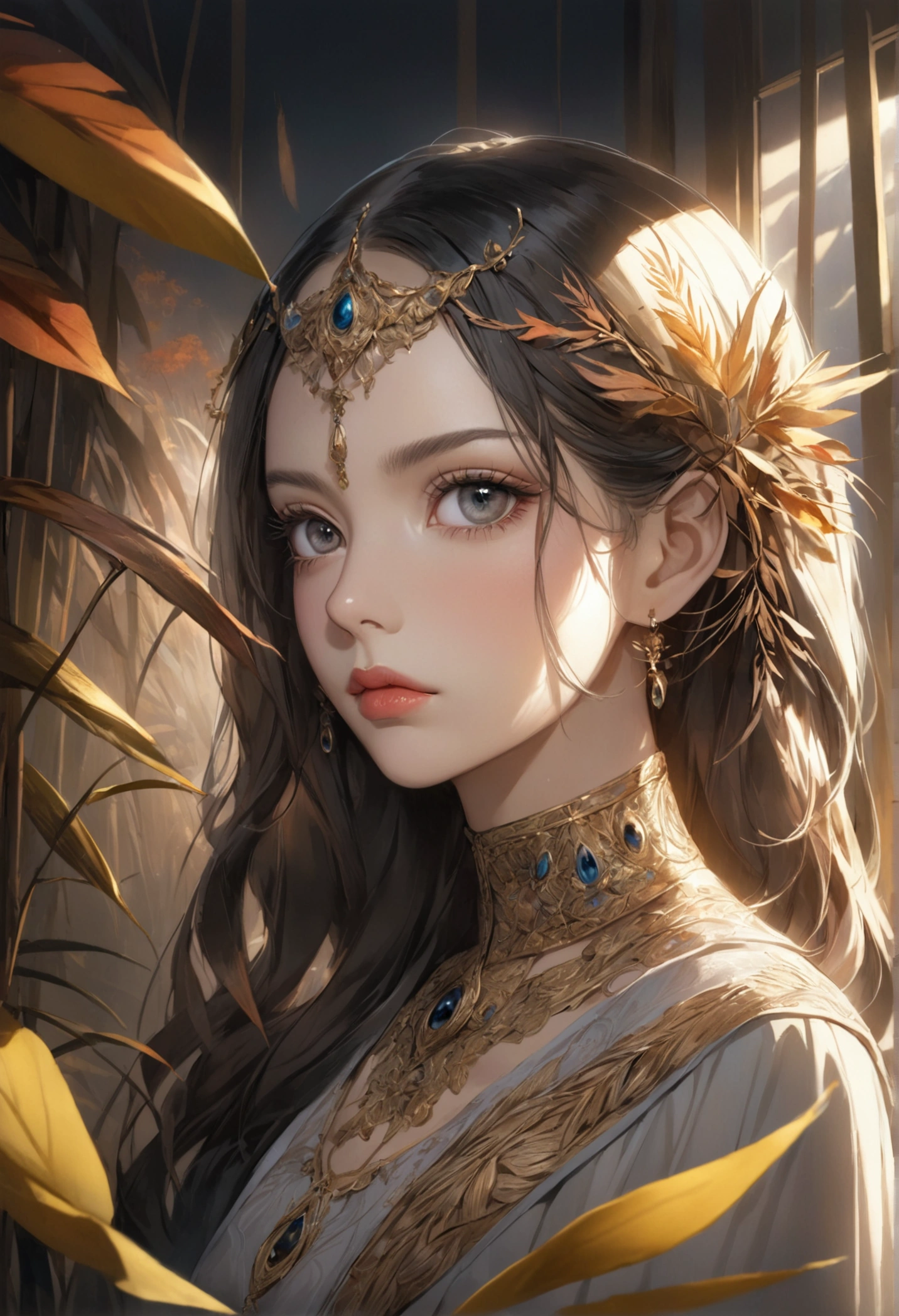 Reed landscape, bright canvas, The reed leaves are fluttering, Transparent holographic reflection, Surreal landscape made of reed leaves, Leaves viewers speechless, A beautiful world, 1 Indian woman, detailed eyes, Black eyes, detailed lips, very detailed face, long eyelashes, Beautiful and detailed portraits, elegant, tranquil expression, autumn, high quality, 8k, realistic, surrealist, studio lighting, Physically Based Rendering, vivid colors, movie lights, dramatic lighting, soft lighting, dramatic contrast, clear, ethereal, dreamlike, mysterious, magical, fancy, concept art