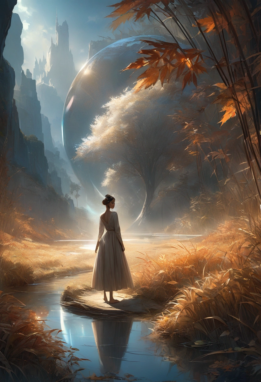 Reed landscape, bright canvas, The reed leaves are fluttering, Transparent holographic reflection, Surreal landscape made of reed leaves, Leaves viewers speechless, A beautiful world, 1 Indian woman, detailed eyes, Black eyes, detailed lips, very detailed face, long eyelashes, Beautiful and detailed portraits, elegant, tranquil expression, autumn, high quality, 8k, realistic, surrealist, studio lighting, Physically Based Rendering, vivid colors, movie lights, dramatic lighting, soft lighting, dramatic contrast, clear, ethereal, dreamlike, mysterious, magical, fancy, concept art