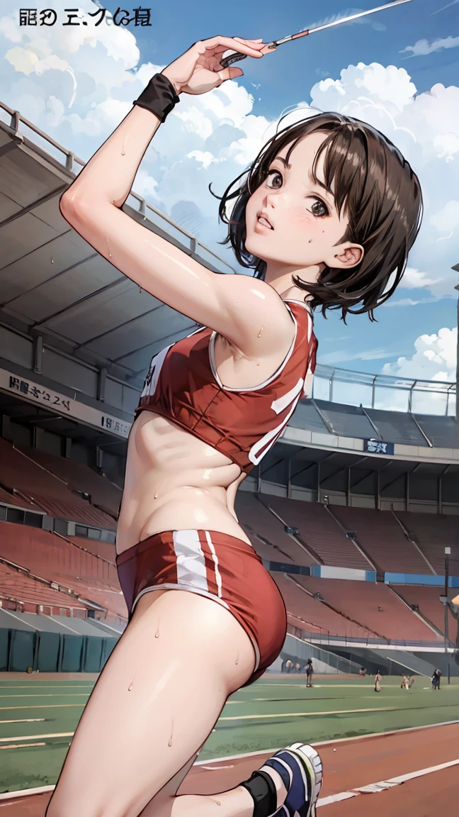  (Three Girls)、(Athletics Stadium、truck),、smile、The men are laughing、、Short Hair、They hesitate,、Wet Hair,  Underarm, Mid-chest, Realistic butt crack , (High color saturation:1.0),  (Very detailed肌), (Highest quality:1.0), (Ultra-high resolution:1.0) ,(Realistic:1.0), (Very detailed:1.0), (8k, RAW Photos:1.1)、Center of chest、Spread your legs、Yoshizuki Iori、Running、(White Athletics Uniform、English bib number)、(Front view)