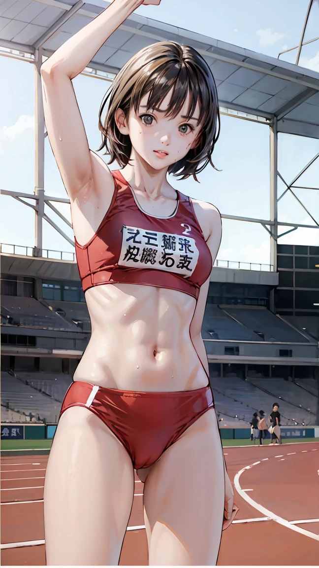 (Three Girls)、(Athletics Stadium、truck),、Serious face、The men are laughing、、Very short hair、They hesitate,Sweaty、Wet Hair, Underarm, Mid-chest, Realistic butt crack , (High color saturation:1.0), (Very detailed肌), (Highest quality:1.0), (Ultra-high resolution:1.0) ,(Realistic:1.0), (Very detailed:1.0), (8k, RAW Photos:1.1)、Center of chest、Spread your legs、Yoshizuki Iori、Running at full speed、(White Athletics Uniform)、(Front view)
