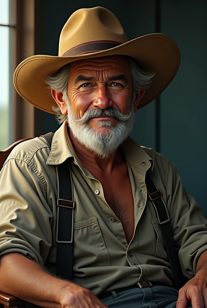 A middle-aged country gentleman with a straw hat sitting in a chair, gazing at viewer, close-up, アニメ, アニメ style, motion blur, Action painting, Pop art, sideways, cinematic lighting, Hyperrealism, uhd, high details, super detail, anatomically correct, accurate