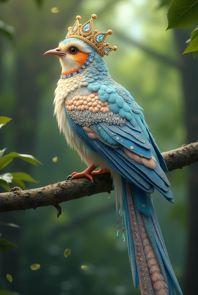 A very beautiful colourful 4K bird which is chirping and speaking, its feathers are studded with diamonds and pearls. On its head is a crown of gold, silver and diamonds and pearls,  a long tail adorned with colorful spots, perched on a branch with a blurred green forest background, romantic
