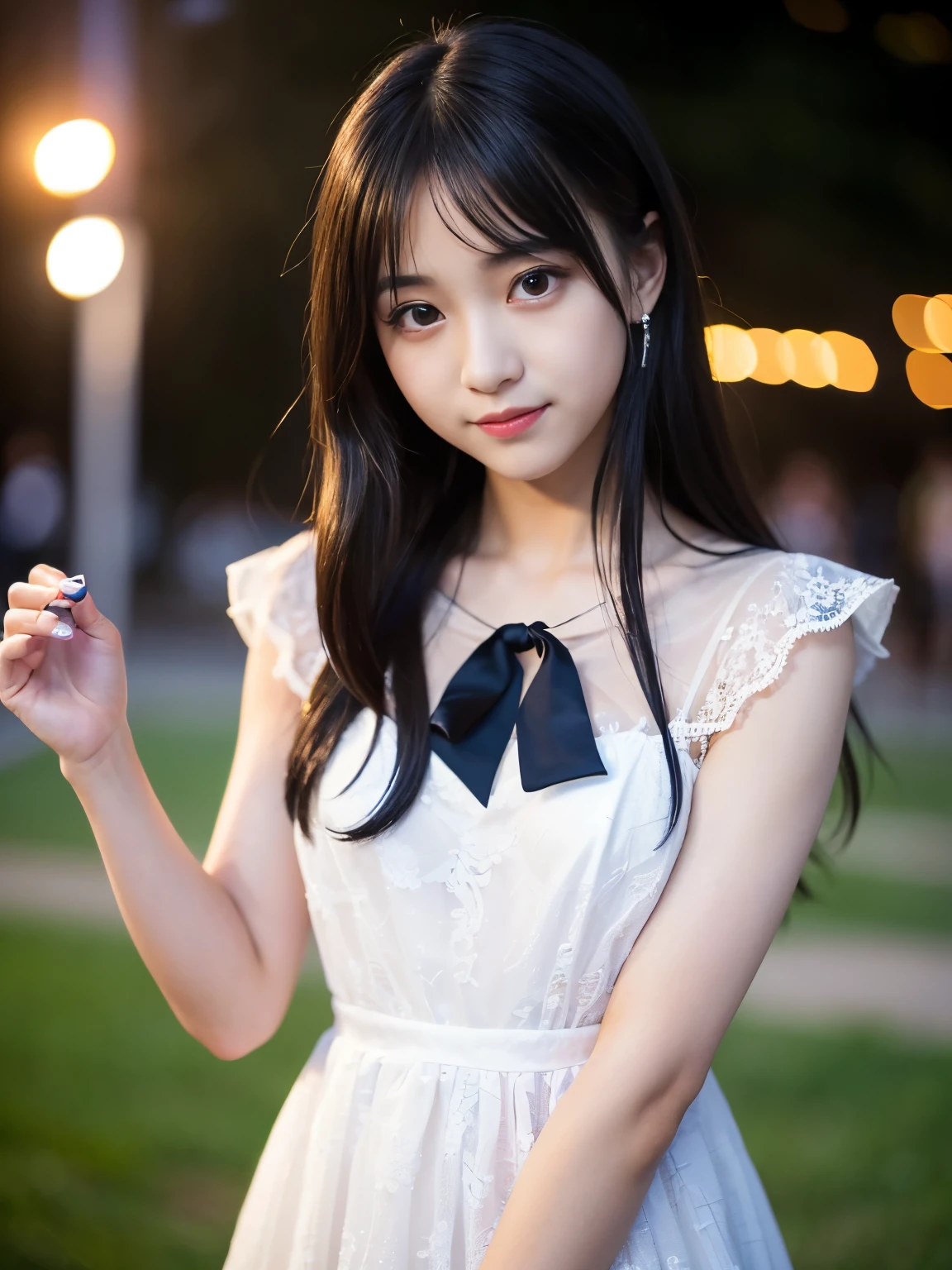 (Best-quality, Masterpiece, Ultra-High-Resolution, (Photorealistic:1.4), Raw Photo, depth of field, professional lighting, perfect anatomy, extremely details), 1girl, 15-years-old, the most famous Japanese-idol, having fun at party, wearing cute-lacy casual-dress with cute-design, looking at viewer, innocent-smile, (((extremely beautiful and extremely realistic skins))), (((extremely big black-eyes))), black-long-hair, long-eyelashes, most-lips, childish body