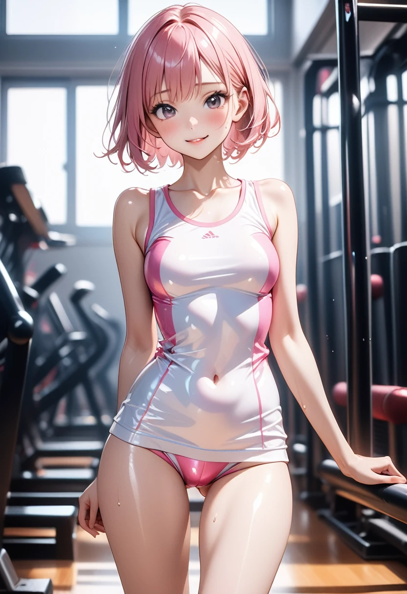 ((School gym clothes)), ((Shiny Costumes)), (skindentation), skinny, alone, solo, Masterpiece, highest quality, highest quality, 16K, incredibly absurd, highly detailed, 2.5D, ai-generated, delicate and dynamic, very delicate facial expressions, delicate eye depiction, erotic, only sexy woman, ((A cute and kind face)), healthy figure, ((1 woman)), 160cm tall, ((medium firm swaying bust)), medium breasts, (short hair), Straight Hair, (pink hair:1.5), bob cut, black eye, blush, Sweat,Embarrassed,sexy, ((thin thighs)), shiny and lustrous, facing straight at viewer, smile, ((standing)), ((arm at side)),, (camel toe:0.4), (visible nipples:0.8), (Erect nipples,:0.9),