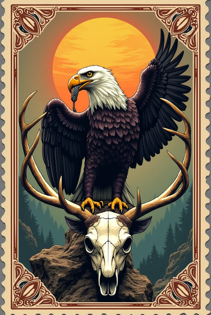 As an emblem, it generates a condor which holds a snake in its beak., while perched on the skull of a deer.There must be a sun above the condor. In the form of a stamp