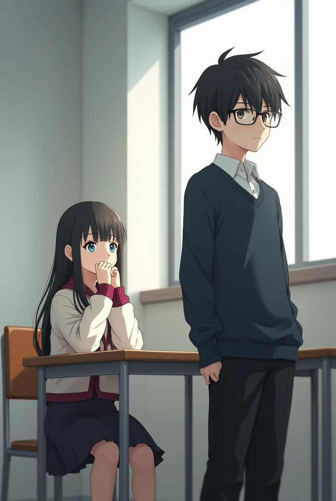 in a class room,There are two people sitting,one in one corner and the other in another,One is a teenage girl, light blue eyes,by the wide ,white,burgundy sweater,black skirt,sitting alone at the desk in the corner of a classroom and looking out the window with a bored face.And the other a boy,White shirt,black sweater,Black pants,black hair,clear brown eyes,glasses,Cold look, anime/manga
