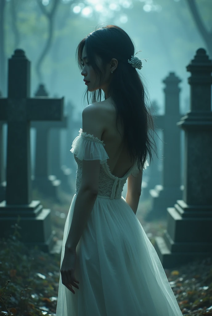 (((ghost)))、young woman、(Beauty)、Japanese、cute、1、((sexy))、(My body is transparent)、Background gloomy cemetery、(((背中の見えるsexyなドレス)))、Spirits flying all around、(best quality,4K,8k,highres,masterpiece:1.2),ultra-detailed,(realistic,photorealistic,photo-realistic:1.37),HDR,uhd,studio lighting,ultra-fine painting,sharp focus,physically-based rendering,extreme detail description,professional,vivid colors,bokeh,cinematic lighting,dramatic shadow,