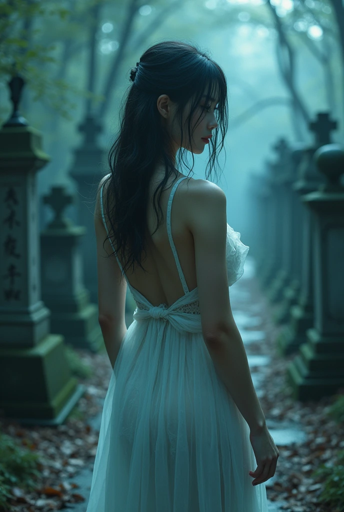 (((ghost)))、young woman、(Beauty)、Japanese、cute、1、((sexy))、(My body is transparent)、Background gloomy cemetery、(((背中の見えるsexyなドレス)))、Spirits flying all around、(best quality,4K,8k,highres,masterpiece:1.2),ultra-detailed,(realistic,photorealistic,photo-realistic:1.37),HDR,uhd,studio lighting,ultra-fine painting,sharp focus,physically-based rendering,extreme detail description,professional,vivid colors,bokeh,cinematic lighting,dramatic shadow,