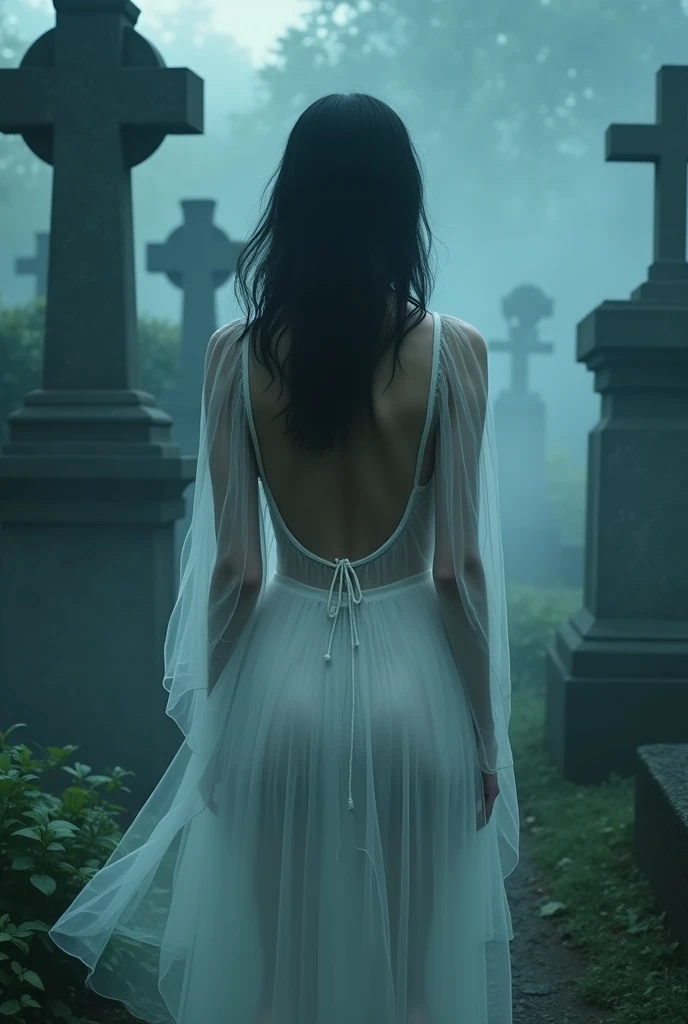 (((ghost)))、young woman、(Beauty)、Japanese、cute、1、((sexy))、(My body is transparent)、Background gloomy cemetery、(((背中の見えるsexyなドレス)))、Spirits flying all around、(best quality,4K,8k,highres,masterpiece:1.2),ultra-detailed,(realistic,photorealistic,photo-realistic:1.37),HDR,uhd,studio lighting,ultra-fine painting,sharp focus,physically-based rendering,extreme detail description,professional,vivid colors,bokeh,cinematic lighting,dramatic shadow,