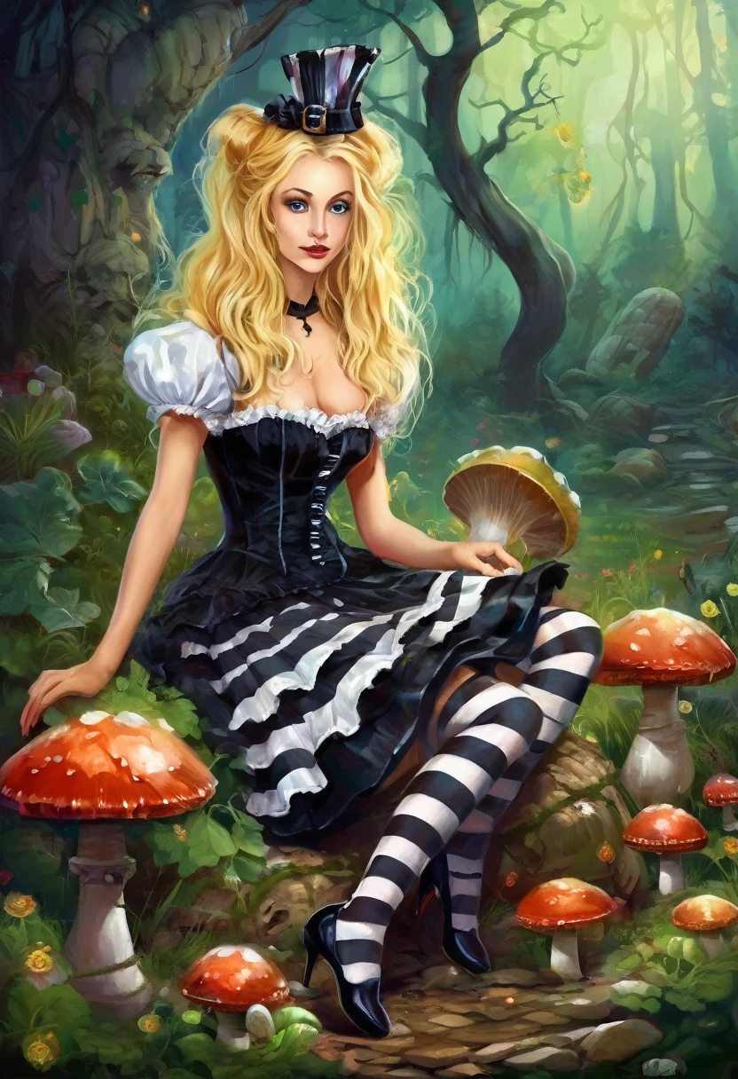 A dark gothic Alice in Wonderland, a beautiful 20 year old blonde woman with big messy hair in a tattered sheer black dress, white stripe stockings, black headband, cleavage, holding a glowing mushroom, sitting on a giant mushroom, dark fantasy art style, cartoon vibrant, detailed digital art, glossy digital painting.