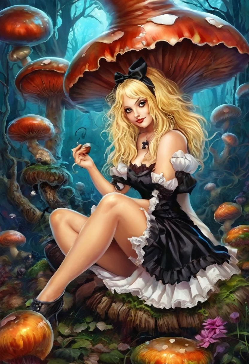 A dark gothic Alice in Wonderland, a beautiful 20 year old blonde woman with big messy hair in a tattered sheer black dress, white stripe stockings, black headband, cleavage, holding a glowing mushroom, sitting on a giant mushroom, dark fantasy art style, cartoon vibrant, detailed digital art, glossy digital painting.