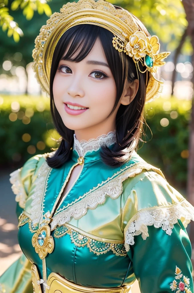 (nsfw), sexy golden Thai princess, only 1 female, ((doll-like appearance)), short Teal stylish hair, ((shiny Victorian-Style boots)), (big smile), ultra detailed eyes, vivid eye makeup, lipgloss, long lashes, defined eyebrows, ((sexy Paradise Kiss cosplay)), bell-shaped skirt, petticoats, high neckline, puffed sleeves, ((ultra detailed lace)), ((ultra detailed embroidery)), intricate details, Paradise Kiss golden accessoires and matching headpiece, golden choker, ((large sparkling Paradise Kiss golden jewelry)), cinematic light, detailed large park background with trees