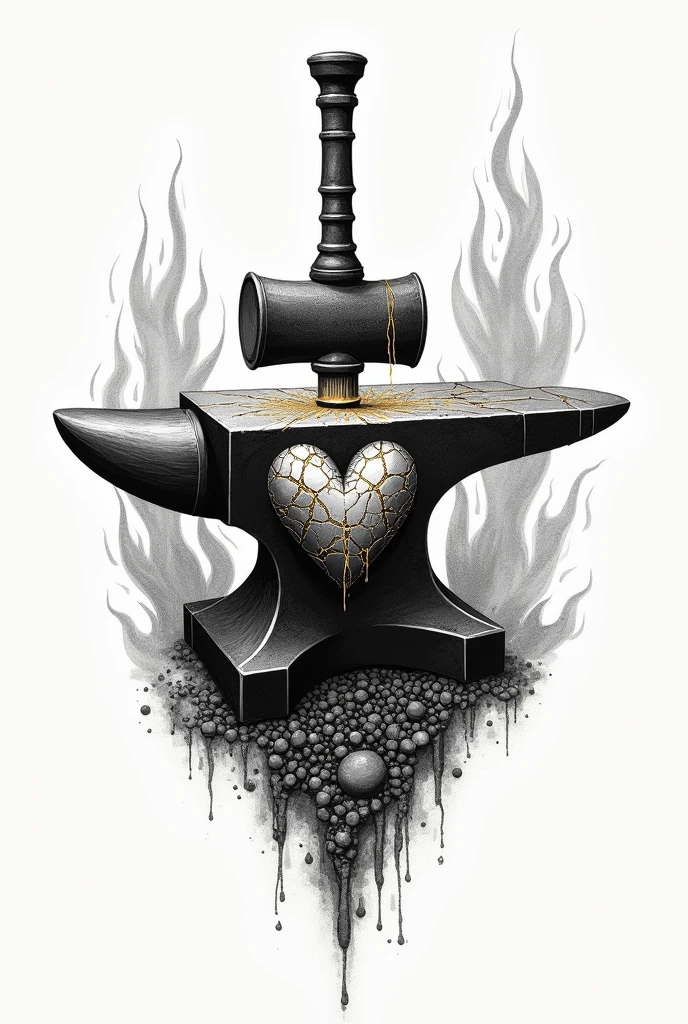 Create a black and white pointillism Viking tattoo without too much shadowing of an ancient anvil in the center of the design, but instead of metal being forged, A heart in the process of transformation is seen. The anvil, symbol of resistance and creation, is surrounded by abstract flames representing the trials and tribulations. around the heart, Cracks form that, instead of weakening it, they reinforce it, showing how suffering has tempered Bjorn's spirit.
On the anvil, There is a hammer in the rest position, implying that the forging has been arduous but fruitful. The scars on the heart are highlighted by gold or silver lines., Inspired by the Japanese technique of "Kintsugi", that embellishes the cracks in the ceramics with gold. This symbolizes greatness achieved through suffering and endurance..