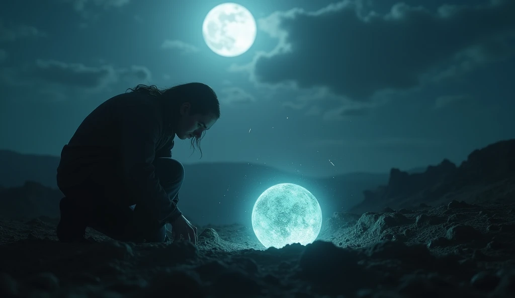 A dramatic image of a person unearthing a glowing object from the ground under the moonlight. The scene should convey discovery and revelation, with the moon’s light illuminating the newfound object, symbolizing uncovered truths. --ar 16:9