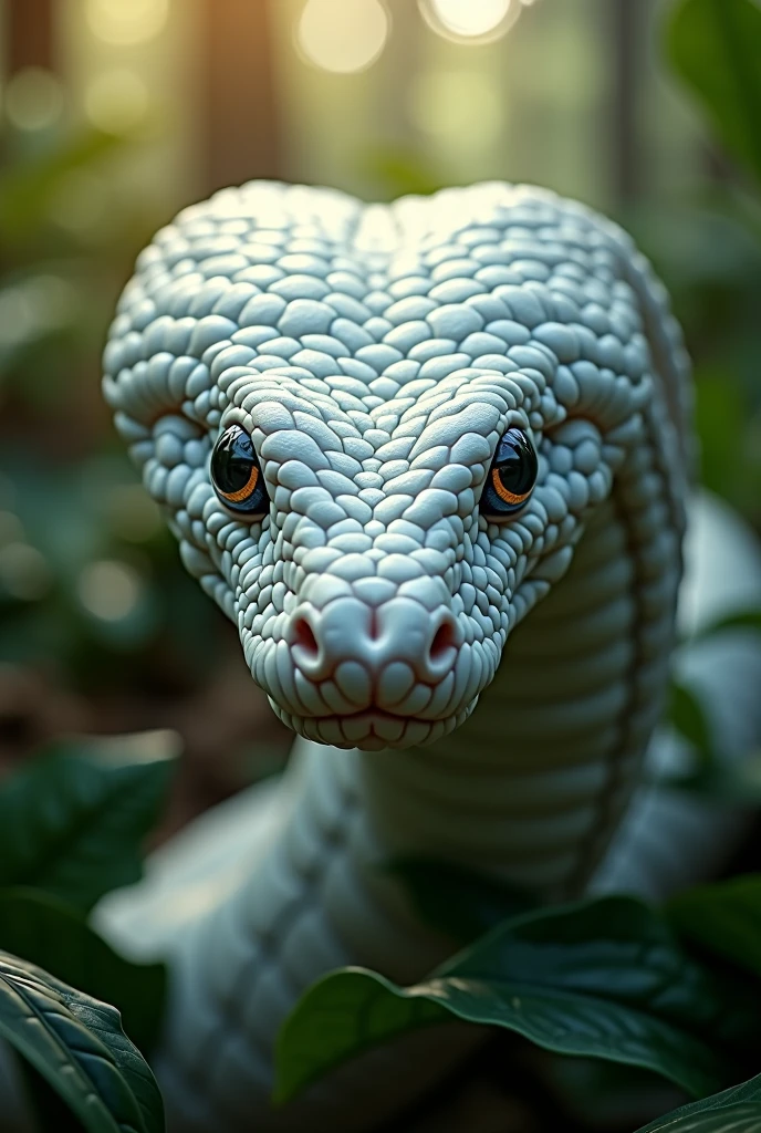 White snake face close up、Mysterious Forest、sunlight、crown、Shiny Scales、Symmetrical、