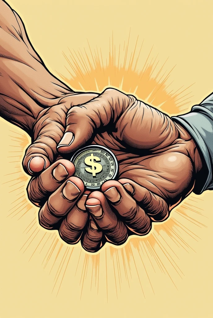 image showing strong, hard-working hands holding a coin or bill, symbolizing the effort behind each entry.(that the drawing style is comic-like)