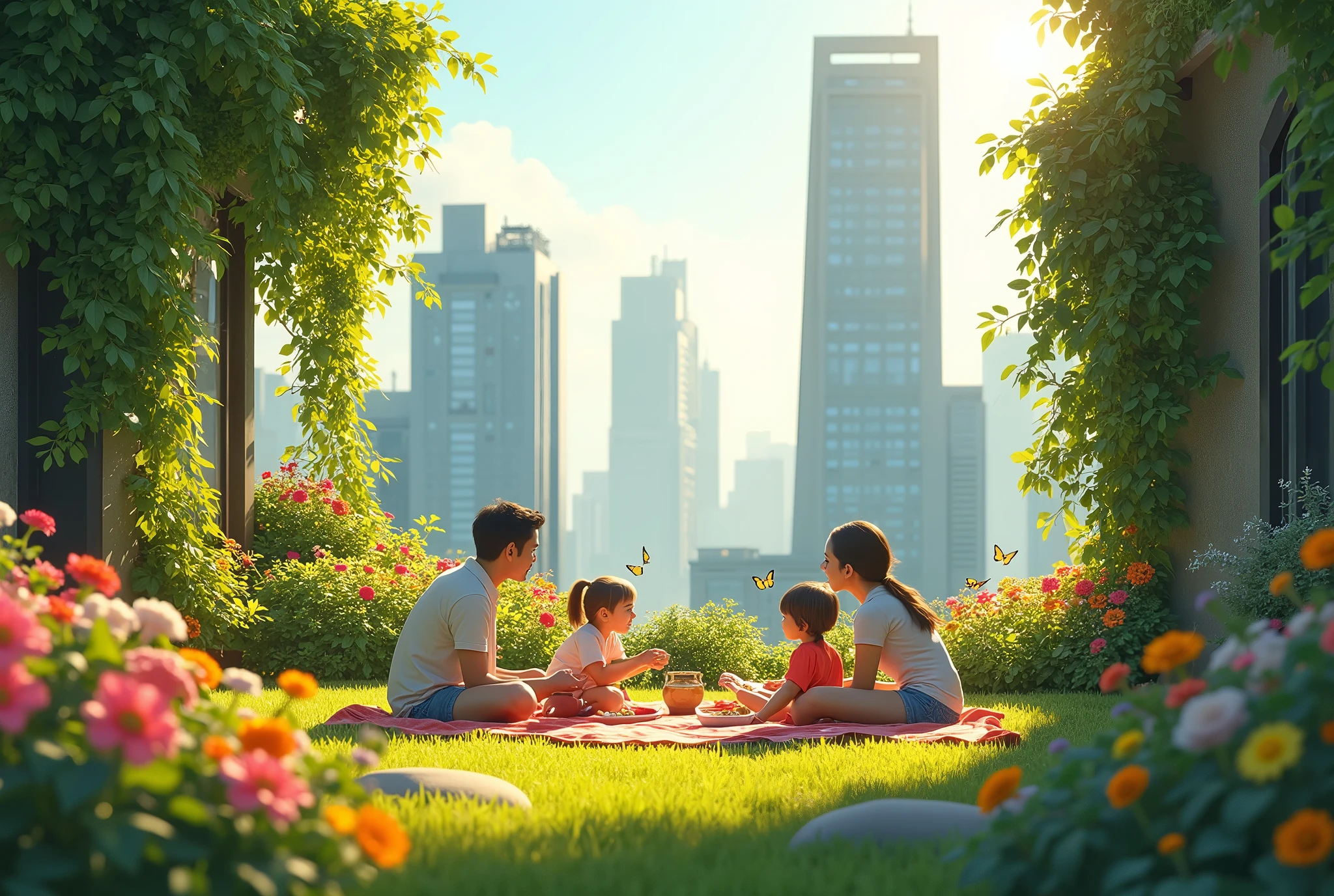 A family picnicking on a lush rooftop garden, surrounded by skyscrapers adorned with greenery. Children chase butterflies amidst blooming flowers, while parents relax, bathed in warm sunlight.