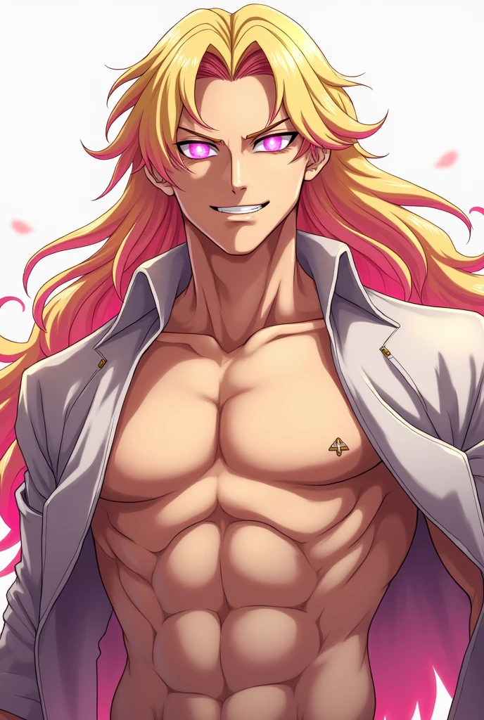 A character in the style of boku no hero academia, It is masculine, Her hair is long and wavy blonde with pink tips, her pink slanted eyes, His body is muscular, He smiles and has no clothes on