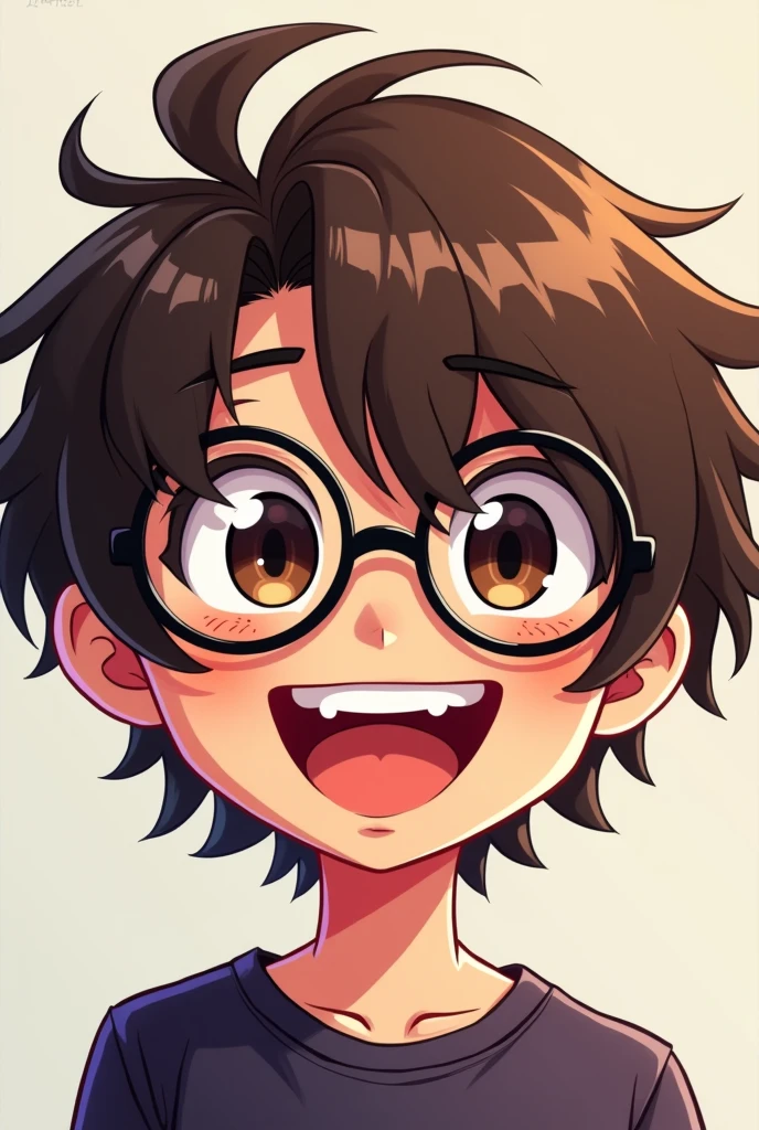 image for twich boy long wavy hair with bangs , with round black glasses,laughing animated anime eyes black color 