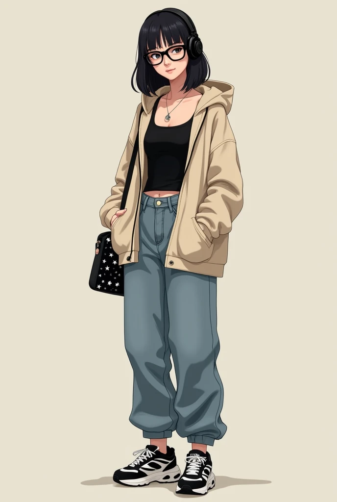 Girl with black straight hair with eyeglass square was wearing a casual outfit consisting of a black tank top that hugged her body and a bone colored hoodie. She wore baggy low rise jeans with black and white star chunky sneakers.
extra: She had black headphones and a black pattern coach bag
