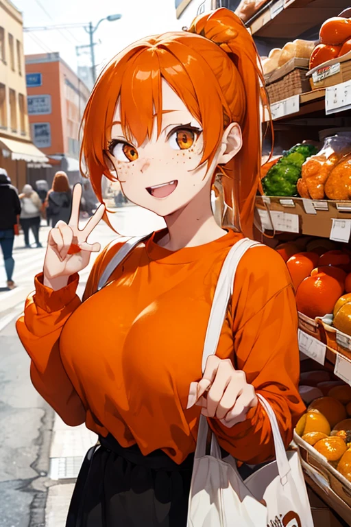 1 female, orange hair, freckles, orange eyes, age girl, huge breast, ponytail hair, happy face, orange long sleeve dress, food store, eating, chicken, peace