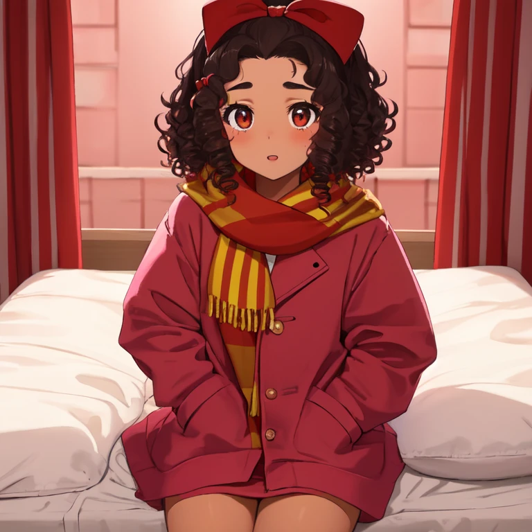 1 ager, small, curly hair, Red bow, medium nose, Skin tone, pimples on the forehead, looking to the camera, sitting on a bed, pink cotton blanket, Skin tone vainilla, red tile jacket with yellow stripes, red cotton scarf