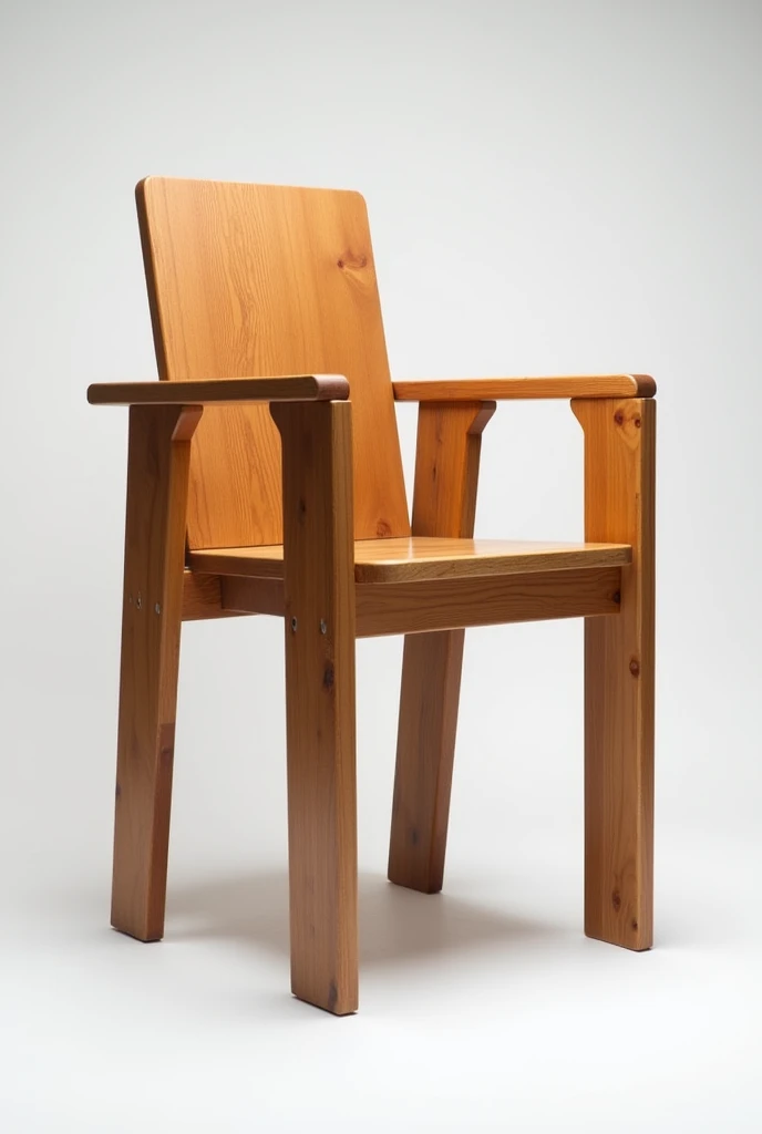 The chair will be made of brown pine wood., ideal for interiors, with a comfortable and ergonomic design. The rear legs will have a greater angle for more stability., and the front ones will maintain a lower inclination. The backrest will be high for better back support., This chair will have armrests. The structure will be reinforced to support weight, and its height will be suitable for raised tables. This chair has to look innovative, it is made from rectangular assemblies.