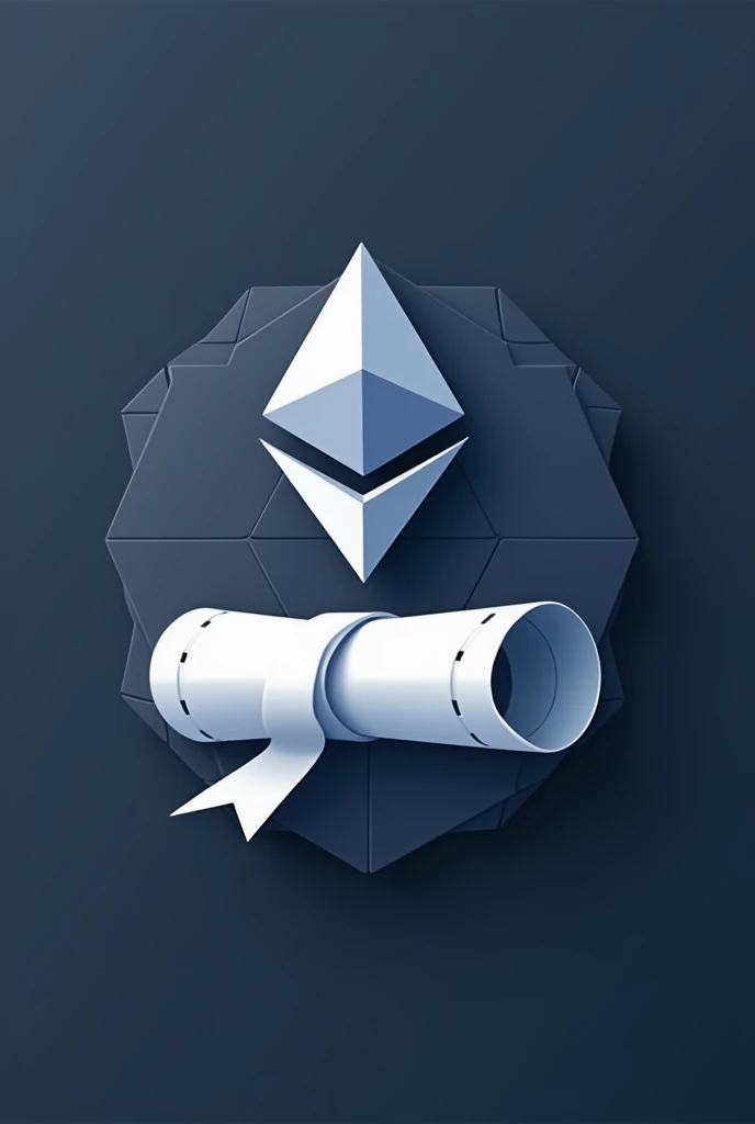 A logo for an app that registers academic certificates on the Ethereum network. The logo should contain an allusion to the Ethereum network icon and a diploma nearby, in dark blue and white or gray colors. The focus of the logo should be the diploma. Formal minimalist style