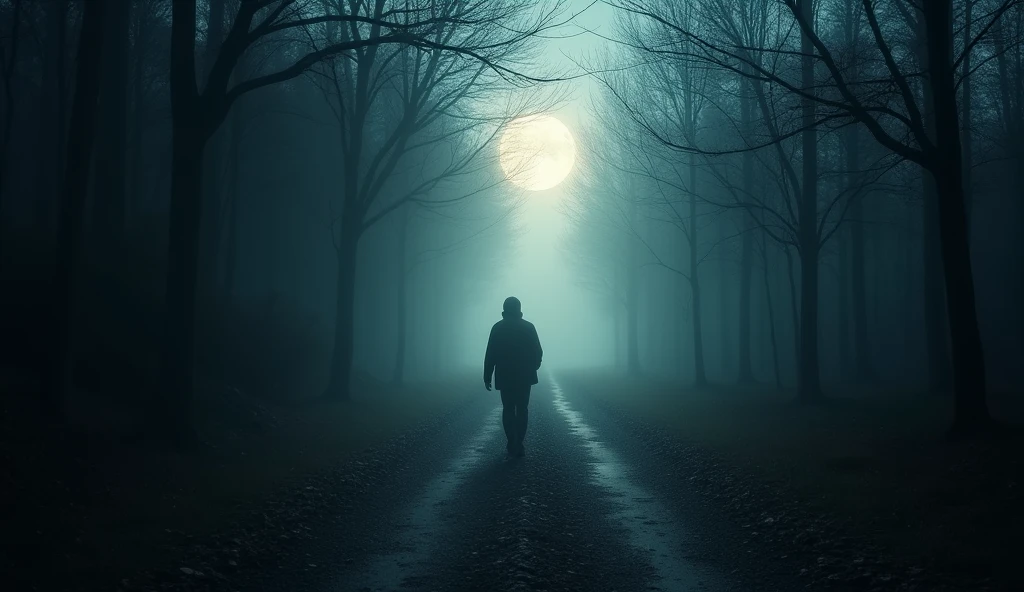 An individual walking away from a shadowy, cluttered path into a bright, illuminated trail under the moonlight. The transition represents letting go of old patterns and stepping into a new, purposeful direction. --ar 16:9