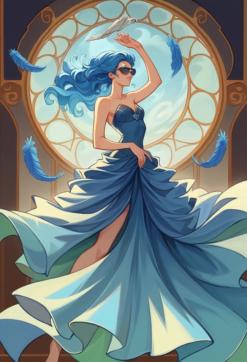 Zephyr Stormwhisper, Wind Witch
Age: 19
Appearance: Slender and ethereal, flowing pale blue hair, gray eyes like storm clouds
Attire: Light and vaporous dress in shades of blue and gray, decorated with feathers and air symbols
Main color: Sky blue, comics 、2019s, fantasy, intricate, elegant, highly detailed, digital painting, artstation, concept art, matte, sharp focus, illustration, art by Artgerm and Greg Rutkowski and Alphonse Mucha