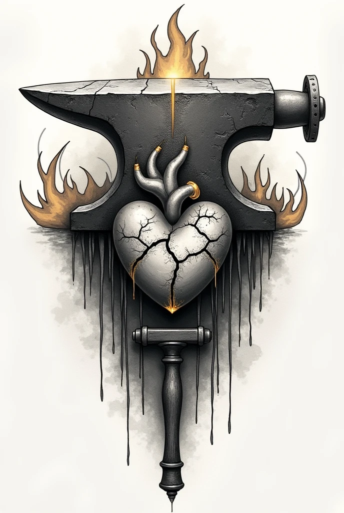 Create a black and white pointillism tattoo from Imagine an antique anvil in the center of the design, but instead of metal being forged, A heart in the process of transformation is seen. The anvil, symbol of resistance and creation, is surrounded by abstract flames representing the trials and tribulations. around the heart, Cracks form that, instead of weakening it, they reinforce it, showing how suffering has tempered Bjorn's spirit.
On the anvil, There is a hammer in the rest position, implying that the forging has been arduous but fruitful. The scars on the heart are highlighted by gold or silver lines., Inspired by the Japanese technique of "Kintsugi", that embellishes the cracks in the ceramics with gold. This symbolizes greatness achieved through suffering and endurance..