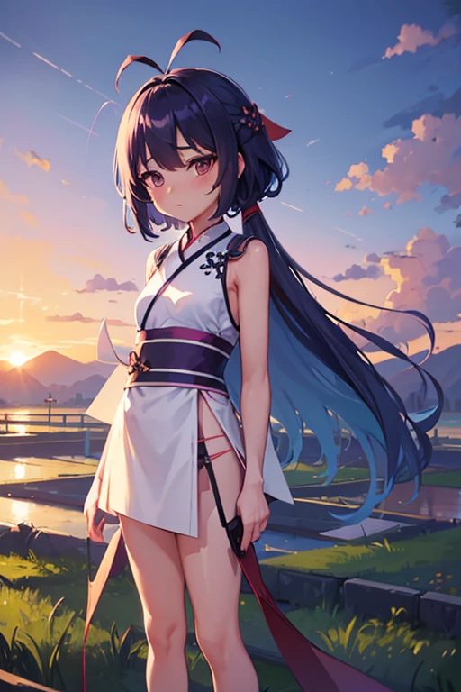 1 girl, (standing alone:1.5), Chinese_badass clothing, sky, plein-air, long_sleeveless, cabelo roxo, sunset, (falling_Sheets:1.2), antenna, (paper_lantenna:1.5),blue sky, (plein-air:1.5),Hanfu, (sweet rainbow:0.8), (magic swirl style:0.8), blush, looking ahead at viewer 